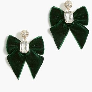 J. Crew Green Velvet Bow Earrings with Crystal Accents
